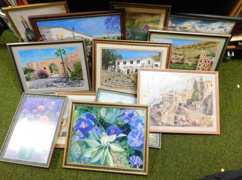 Original paintings by Lindsey Taylor, mixed mediums, to include mountain scenes, continental...