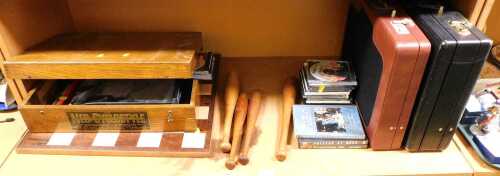 Miscellaneous household items, a wooden chess board, 52cm x 52cm, a pair of wooden Indian clubs...