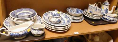 Blue and white ceramics, to include Royal Tudorware oval dinner plates, a sugar bowl, side...