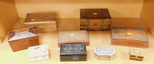 A collection of treen boxes, to include a Victorian mahogany brass inlaid box, a 19thC wooden...