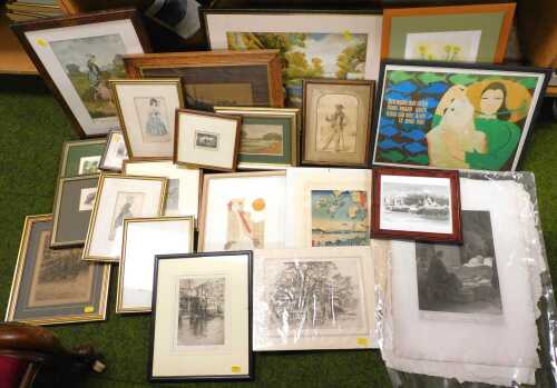 A collection of prints, to include a series of early 19thC prints depicting ladies in gowns,...