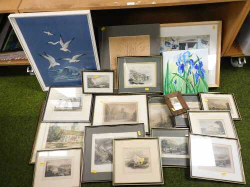 Pictures and prints, a collection of 19thC engravings, depicting countrysides, seasides, and...
