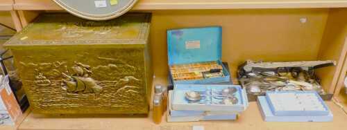 A brass coal scuttle embossed with galleons at sail, together with silver plated flatware, steel...