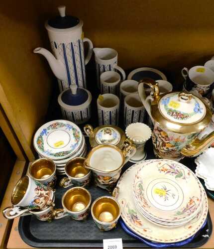 A Rye pottery part coffee service, decorated with blue line and black zig zag decoration, a...