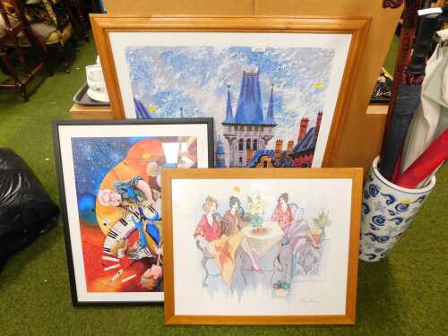 Pictures, prints, etc, to include figures playing musical instruments, indistinctly signed,...