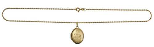 A 9ct gold double photo locket, with engraved floral decoration, on a 9ct gold bead link...