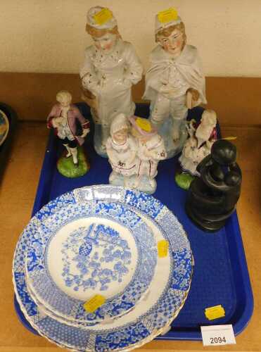 Various blue and white plates, together with continental porcelain figures, etc. (1 tray)