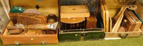 Suitcases, containing an oak cased mantel clock, Oriental style parasol, dome topped jewellery...