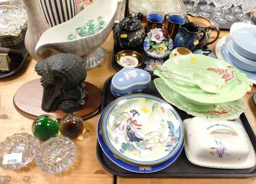 Decorative china and effects, to include Victorian black glazed teapot, copper lustre ware, a...