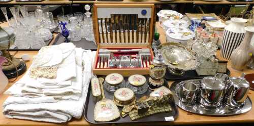 Metalware, to include cruet stand, plated basket, a Firth Stay Bright stainless steel canteen of...
