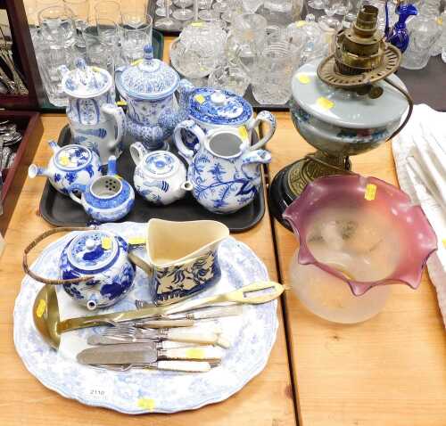A Victorian oil lamp, converted to electricity, together with various blue and white wares,...
