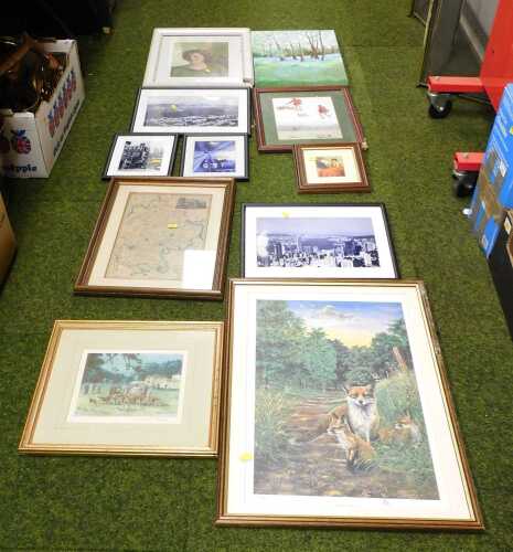 Pictures, prints, etc., to include map of Bedfordshire, portrait study, bluebell woodland...