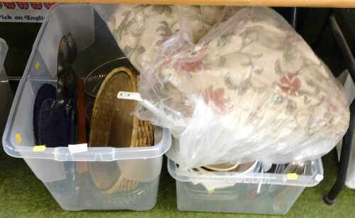 Kitchenalia, together with floral pattern curtain material, etc. (2 boxes and loose)
