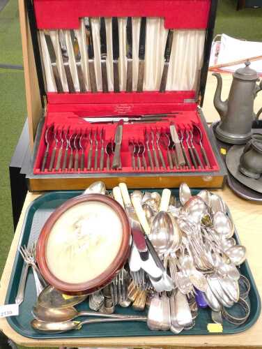 Plated flatware, to include Fiddle pattern serving spoons, basting spoons, dessert spoons,...