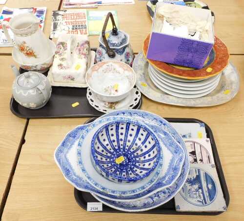 A Wedgwood leaf moulded dish, together with blue and white wares, Delft tin glazed tiles, etc....