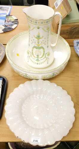 An early 20thC ceramic wash jug and basin, featuring a Neoclassical transfer printed motif with...