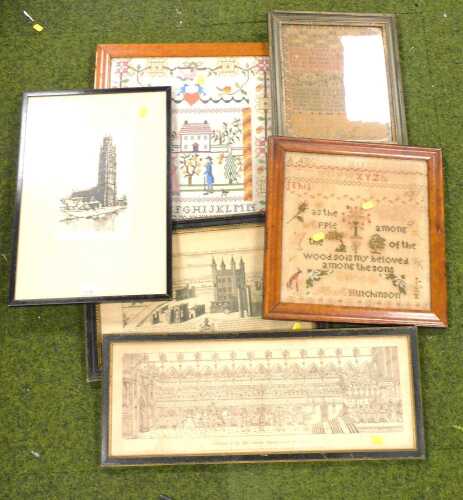 Pictures and samplers, to include after S.L. Scott, St Botolph's - Boston Stump, signed...