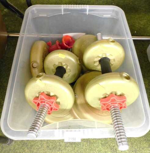 York weights, to include dumbbells, a push up bar, etc. (1 box and loose)