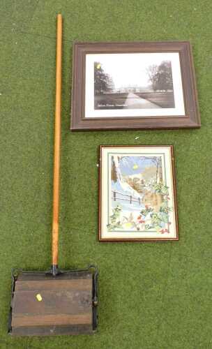 An EW Bank Royal carpet sweeper, together with two pictures, one a cross-stitch of a mouse, and...