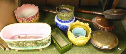 Various planters, to include an Art Nouveau Majolica jardiniere by Wesselbonn, (AF), 12.5cm high,...