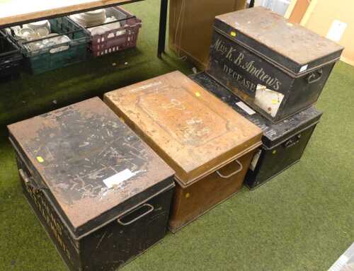 V - An early 20thC solicitor's deed box, marked with Miss K.B. Andrews Deceased, in silver writing,...