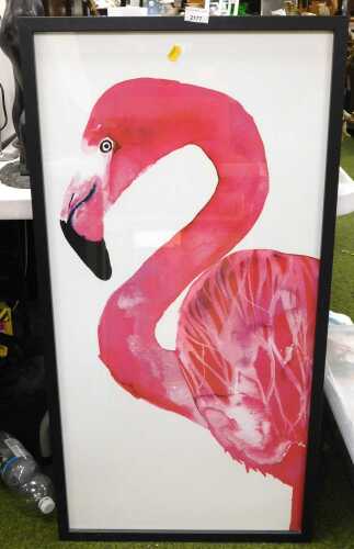 A pink flamingo print, in a black frame, 99cm high, 49cm wide.