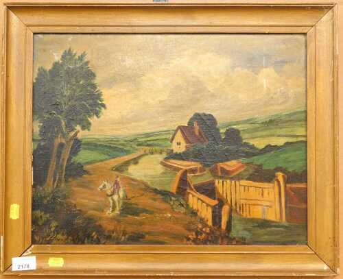 A river and cottage scene with horse in the foreground, oil on canvas, indistinctly signed and...