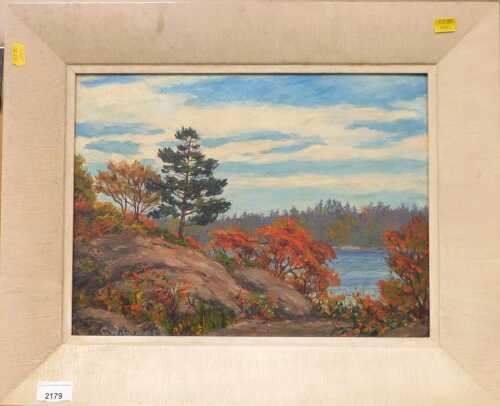 C.W. Greet. Forest and river scene, signed acrylic on board, 29cm high, 39cm wide.