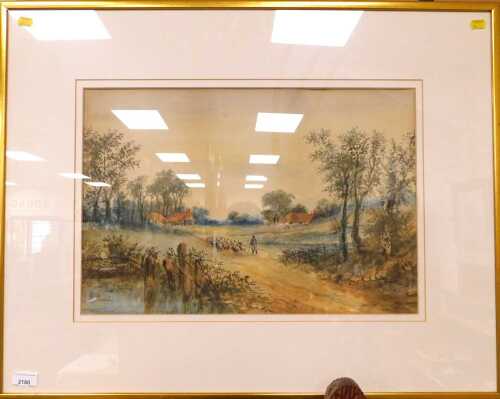 J. Best. A shepherd leading the flock back to the farm, signed watercolour, 35cm high, 52.5cm wide.
