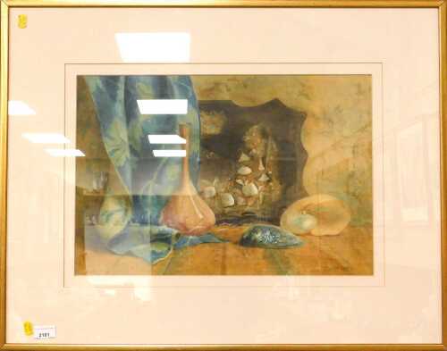 A. Smee. Still life of shells, vase, and a curtain, signed watercolour, 36cm high, 54cm wide.