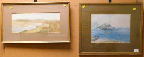 A pair of watercolours, one showing row boats and sailboats going out of a harbour, 24cm high,...