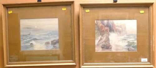 R.J.R. Penrose. Breaking waves on a cliff, signed watercolour, 20cm high, 27cm wide, together...