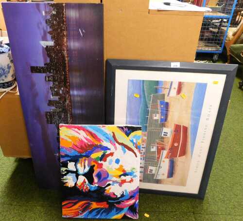 Simon Heart. Fishing boats, print, 36cm high, 61cm wide, together with a cityscape photograph on...