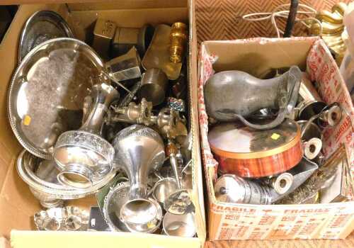 Metalware, to include a pair of Beldray vases, with rose embossed design, candelabras, tankards,...