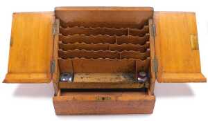 A Victorian oak stationery box, with sloping hinged doors opening to reveal a waterfall fitted... - 3