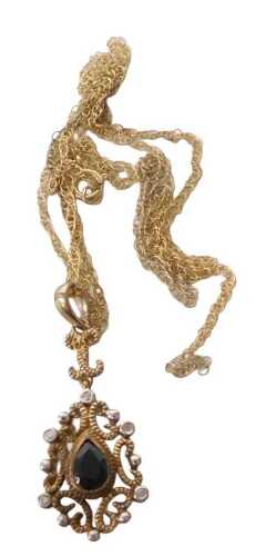 A sapphire and diamond set pendant, on a neck chain, yellow metal, stamped 375, 2.5g all in.