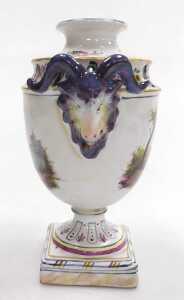 A late 18thC Veuve Perrin pottery vase, with ram's head handles, painted with a fete gallant and... - 2