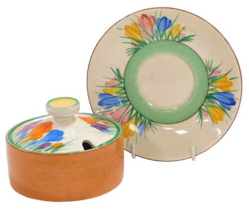 A Clarice Cliff pottery Spring Crocus pattern preserve pot and cover, printed mark, together...