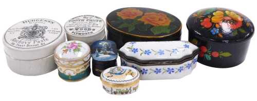 A group of boxes, including a Halcyon Days enamel NSPCC commemorative box, Burgess's Anchovy...