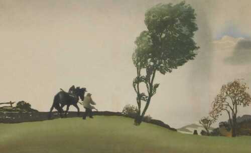 Leo Frank (Austrian 1884-1959). A man and horse crossing a landscape in stormy weather, coloured...
