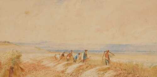 Attributed to John Seymour Lucas (British 1849-1923). Gleaners, watercolour, signed with...