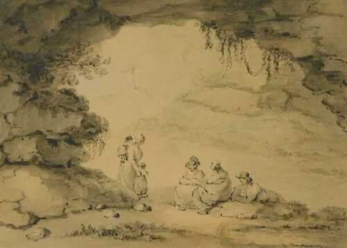 19thC School. Figures resting at the entrance to a cave, ink wash, 17cm x 23cm.