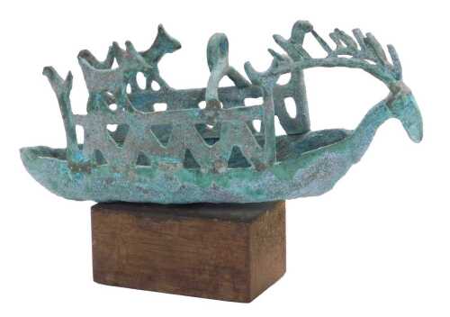 A Sardinian bronze replica of a Votive Navicella boat, from the Nuragic civilisation, raised on...