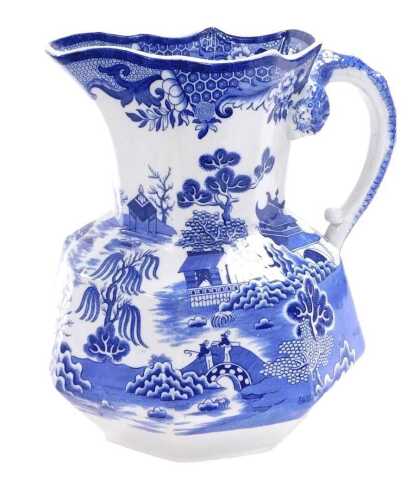 A late 19thC Masons ironstone blue and white hydra jug, chinoiserie-decorated, printed mark,...