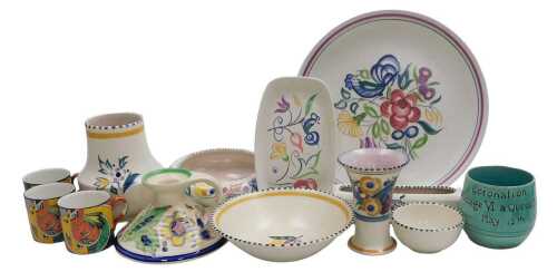 A group of Poole pottery, traditionally painted with flowers, Soho pottery Solian ware...