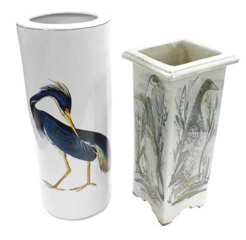 A late 20thC pottery stick stand, of square form, decorated with panels of geese and ducks, 54cm...