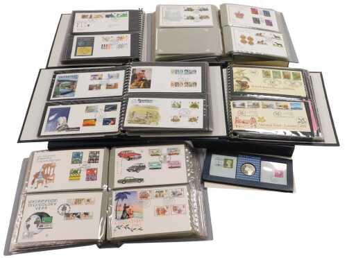 Philately. Postage stamps, first day covers in five albums, together with a QV penny black, Day...