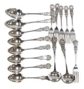 A part suite of Victorian Scottish silver Queen's pattern flatware, initial engraved, comprising...
