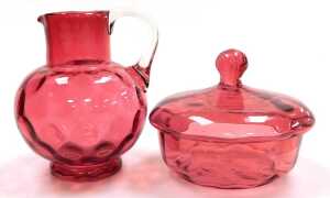A group of Victorian and later cranberry glass, including a basket, water jug, powder bowl and... - 2