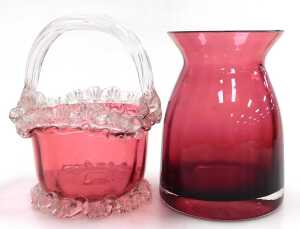 A group of Victorian and later cranberry glass, including a basket, water jug, powder bowl and... - 3